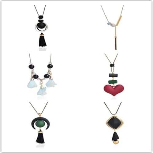 Bohemian Long Tassel Necklace for Woman Flower Heart Moon Beaded Pendant Sweater Chain Necklaces Fashion Charm Jewelry