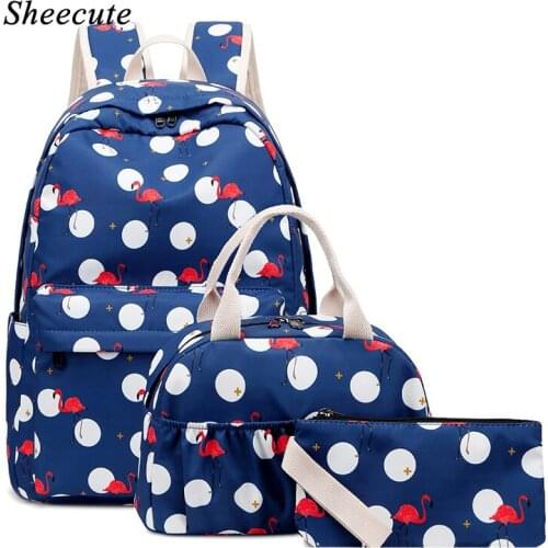 Backpack Female Casual Large Capacity Travel Backpack 3pcs/set Fashion Round Flamingo Print Waterproof Teenage Girls School Bag