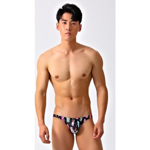 SD473 Sexy Black Colorful Feathers Swimsuits Men Beachwear Swimming Trunks Briefs Men Swimwear Bikinis Bathing Suits Small Size