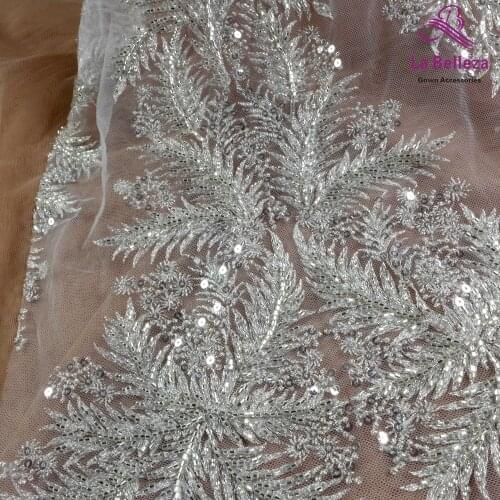 Silver wedding lace fabric,silver beads lace,gown lace,leaves patterns,sequins lace fabric 1 yard