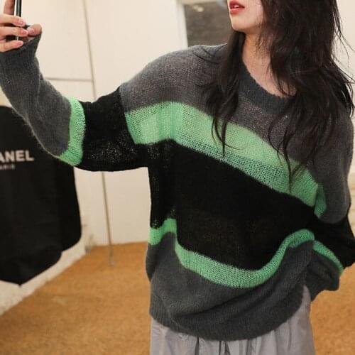 Green And Black Striped Sweater Women 2021 New Oversized Thin Sweaters Korean Fashion Retro Lazy Pullover Long Sleeve Top Casual