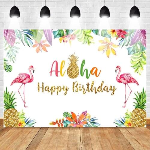 Tropical Flamingo Happy Birthday Backdrop Aloha Gold Pineapple Hawaii Birthday Party Photography Backdrops Party Studio Props
