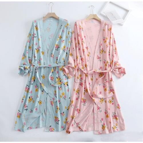 Spring Cotton Waffle Kimono Bathrobe Long Sleeve Knitted Robe Housewear Womens Sleep Tops Plus Size Sleep Wear Dressing Gown