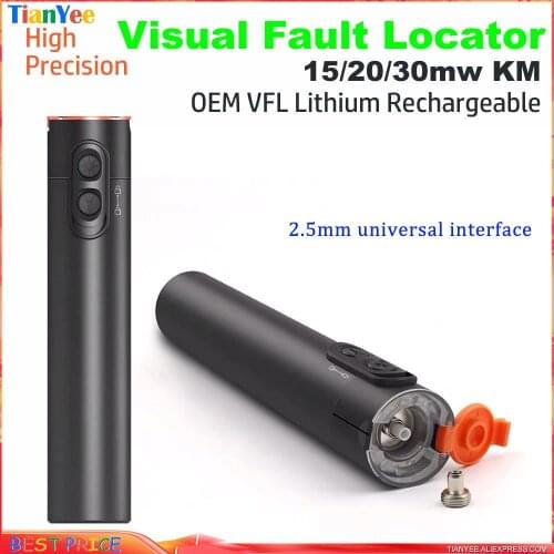 High Precision OEM VFL Lithium Rechargeable Battery FTTH Visual Fault Locator 15KM 20KM 30KM Laser Source VFL