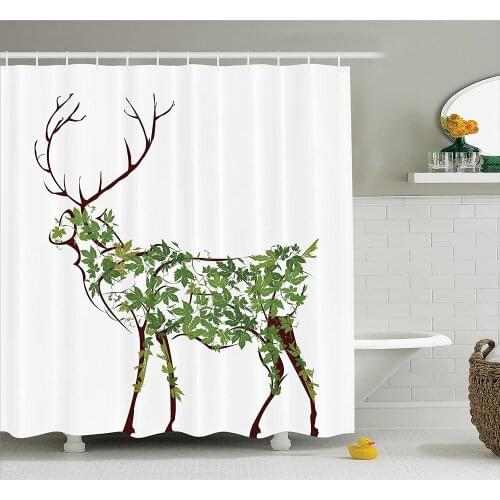 Antlers Decor Shower Curtain Deer Illustration Elk Leave Greenery Garden Traditional Celebration Waterproof Curtains Home Decor