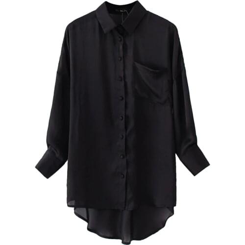 Lady Summer Boyfriend Free Long Sleeve Button Tops 2021 Women Black Oversized Loose Pocket Satin Silk Blouses Shirts Office