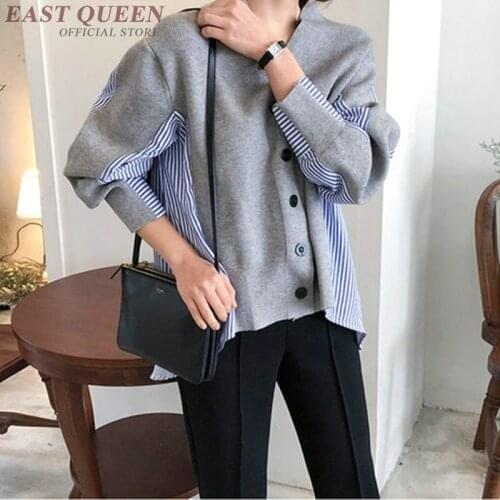 Shirts Women 2019 Korean Fashion Long Shirt Female Tunic Knit Patchwork Striped Woman Blouses 2019 Autumn Tops AA4888