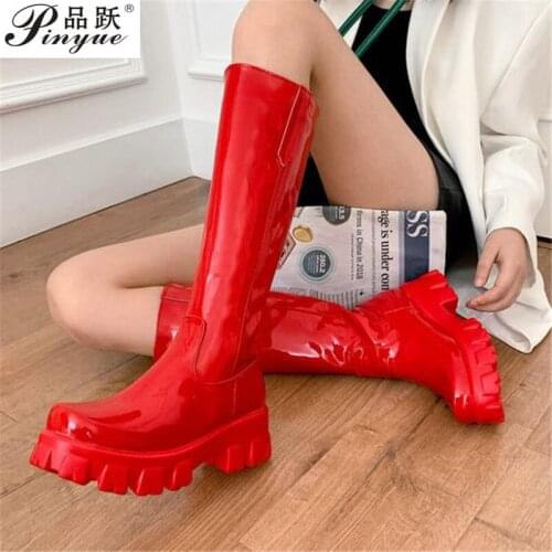 Patent PU Leather Women Knee High Boots Platform Square Heel Women Motorcycle Boots Black White Red Women Shoes Big Size 34-43