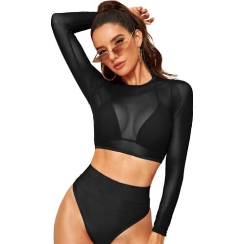 High waist split ladies three-piece transparent mesh 2021 sexy push-up bodybuilding swimwear solid color plus size bikini set
