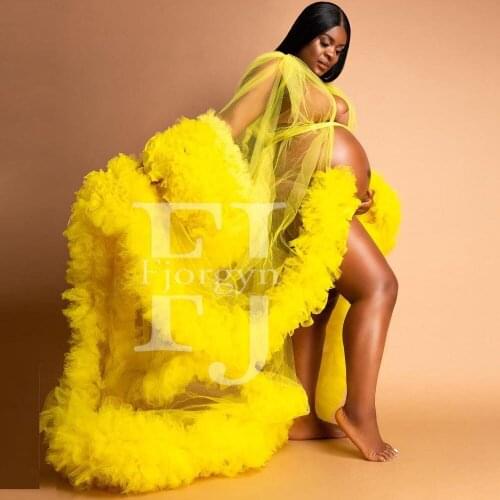 Soft Sky Blue Gauze Dresses Woman Tulle Robes Sheer Baby Shower Party Gowns Ruffles Tiered Sweep Train Photos of Pregnant Women