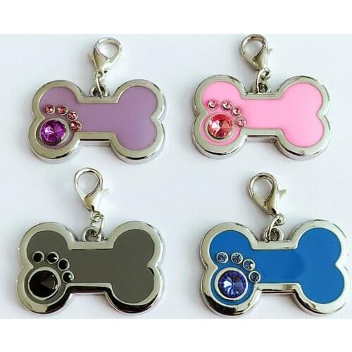 12pcs/lot Personalized Engraved Pet ID Silent Tag,Bone and Paw Shape Dog Tags & Cat Tags with Crystals