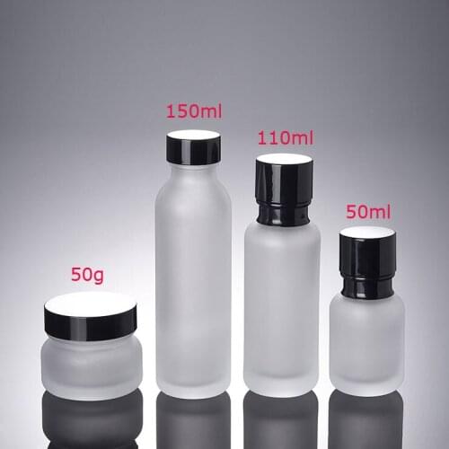 300pcs/lot 50ml 110ml 150ml Frosted Glass Lotion Cream Essence Latex Container Bottle with black Lids For Cosmetic Packaging