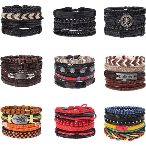 4Pcs/Set Mens Bracelet Multi-Layer Leather Wrist Hope Believe Cross Bible Bangle Black Beaded Vintage Bracelets for Men Jewelry