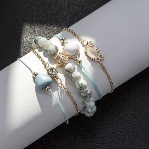 Fashion 5Pcs/Set For Women Heart Shape Sea Turtle Crab Weave Rope Bead Bracelet Sets Jewelry Gifts For Girlfriends