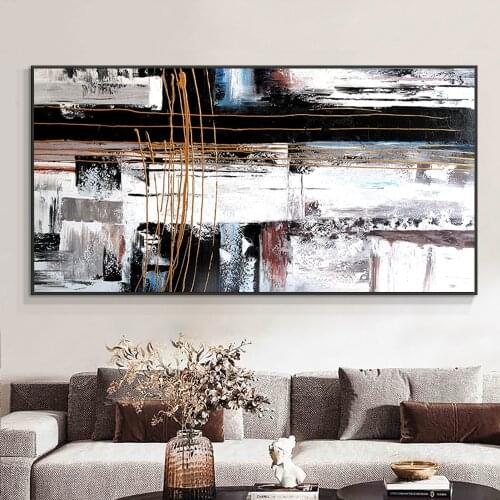 Abstract Geometric Black With White Oil Painting 100% Hand Painted On Canvas Thick Textured Wall Art Painting Living Room Decor