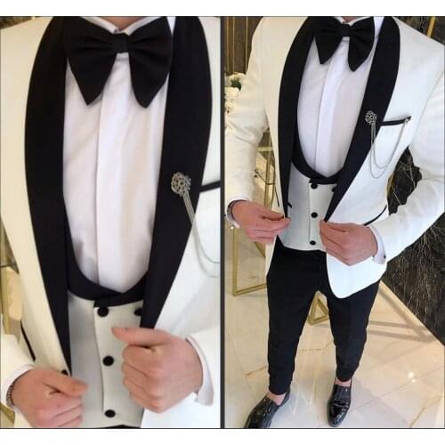 White Handsome Wedding Tuxedos Slim Fit One Button Mens Suit Formal Prom Party Wear Blazer 3 pieces (Jacket+Vest+Pants)