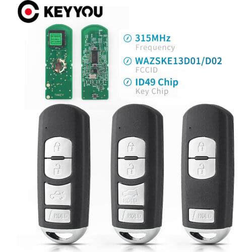 KEYYOU FSK 315MHz ID49 Chip FCC: WAZSKE13D01 WAZSKE13D02 Replacement 3 Button Smart Remote Key Fob for Mazda CX-5 CX-3 Speed 3