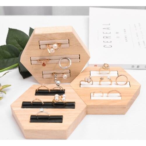 3 Slots Jewelry Ring Display Holder Hexagonal Wooden Tray Wood Container