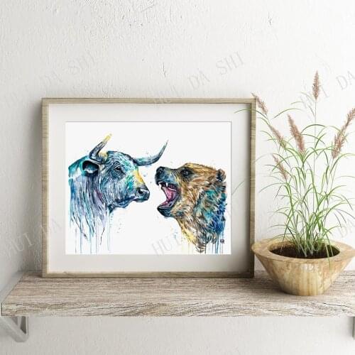 Feeling Bullish - Watercolor painting, Stock Market Art, Bull and Bear, Office Decor, Office Art