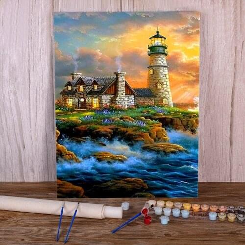 Landscape Lighthouse DIY Painting By Numbers Set Acrylic Paints 50*70 Canvas Painting Handmade For Kids Handicraft Handiwork