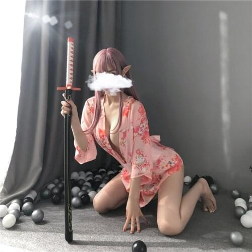 Japanese Kimono Cardigan Women Pajamas Sexy Lingerie Cat Print with Obi Chiffon Comfy Yukata Cosplay Role Play Night Costumes
