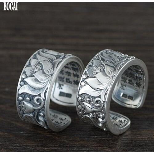 BOCAI New 100% real s990 silver forefinger ring for women fashion chinese style anemone heart sutra ring fashion woman rings