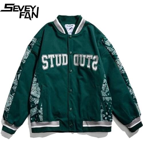 SEVEYFAN Mens Fashion Cashew Flower Patchwork Jacket Hip Hop Letters Embroidery Baseball Coat Streetwear for Couples