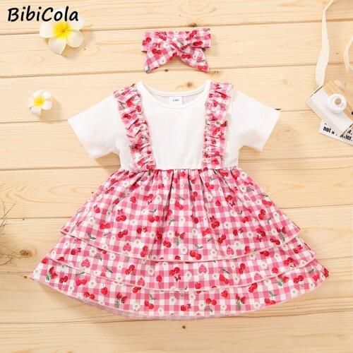Summer Baby Girl Dresses Short Sleeve Pink Princess Cute Holiday Party Casual Dress+Headband Cherry Heart Print Newborn Clothes