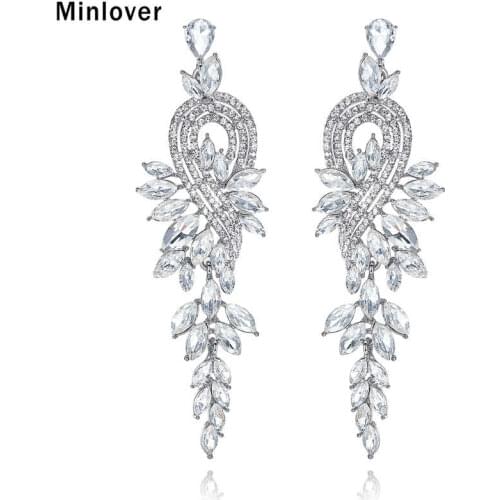Minlover Elegant Leaves Long Drop Earrings for Women Silver Color Crystal Hanging Earrings Wedding Engagement Jewelry MEH946