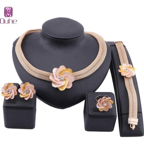 Fashion Flower Necklace Gold Color Crystal Party Engagement Anniversary Wedding Earring Jewelry Sets Gifts For Women