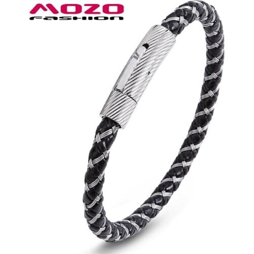 MOZO Fashion Man Charm Bracelets Steel Wire Leather Rope Mixed Braided Simple Style Punk Rock Bangles Casual Jewelry