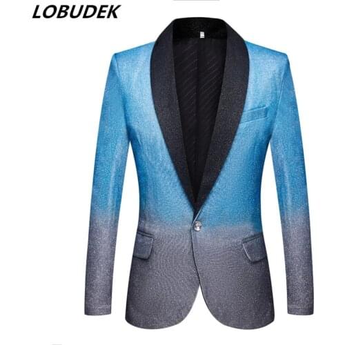 Mens Gradient Color Blazer Night Club Male Singer Stage Performance Suit Jackets Host Gold Powder One Button Wedding Costume