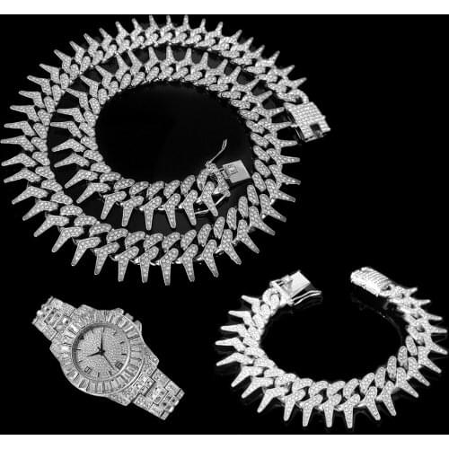 Hip Hop 25MM 3pcs Kit Heavy Iced Out Cuban Thorns Link Full AAA Crystal Pave Rapper Necklace +Watch+Bracelet for Men Jewelry