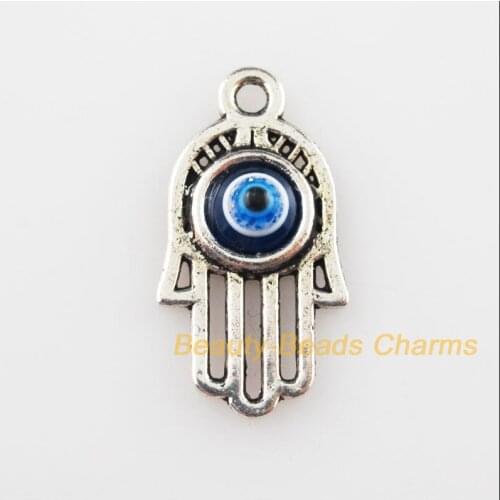 New 25Pcs Tibetan Silver Color Hand Palm Blue Eye Resin Charms Pendants 11x20.5mm