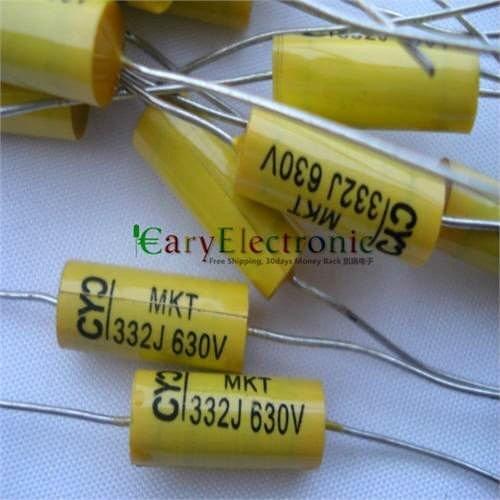 Wholesale 100pcs long leads yellow Axial Polyester Film Capacitors electronics 0.0033uF 630V fr tube amp audio free shipping