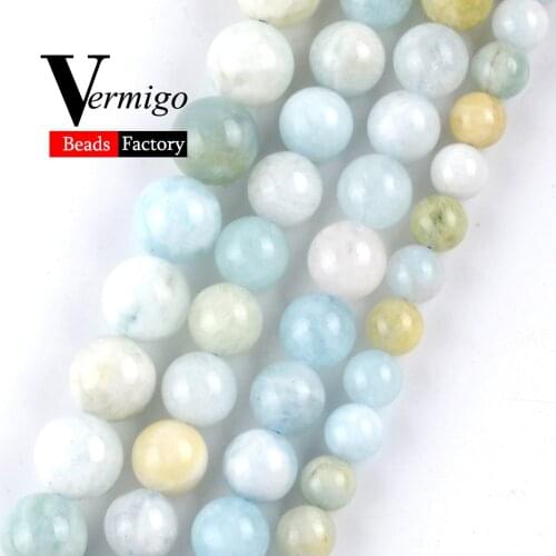 Wholesale Natural Gem Stone Beads Round Aquamarines Loose Charm Beads For Jewelry Making 6 8 10mm Diy Bracelet Necklace 15"