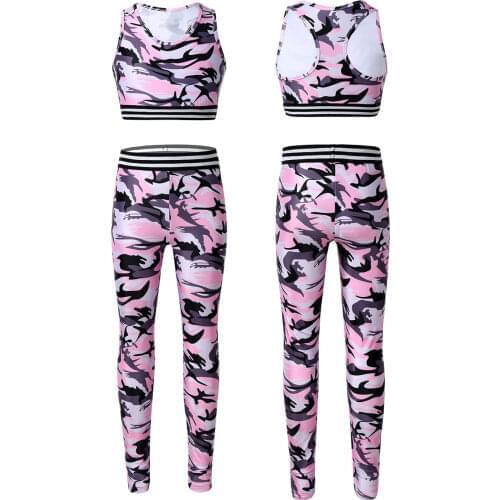 Oyolan Kids Girls Clothes Tracksuit Outfit Camouflage Tanks Bra Crop Top Leggings Sets for Gymnastics Stage Performance Workout