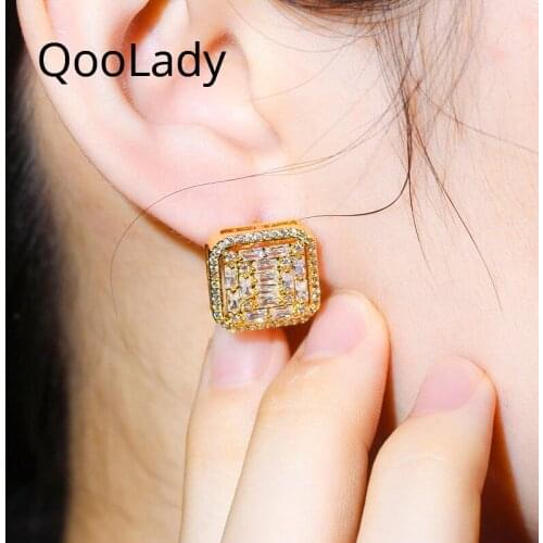 QooLady 2020 Korean Square Cut Design Top Quality White Cubic Zircon Gold Stud Earrings for Female Girlfriend Girls Jewelry E186