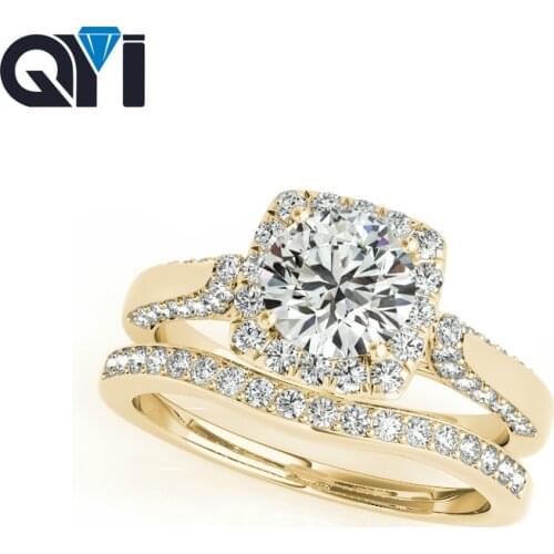 QYI 14K Halo Wedding Ring Sets Round Cut 1ct Sona Simulated Diamond Women 's Solid 14K Yellow Gold Engagement Wedding Rings