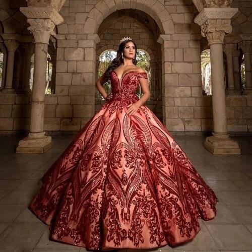 Shniy Ruffles Quinceanera Dresses Off the Shoulder Sequine Appliques Ball Gown Sweet 16 Gowns Junior Birthday Party Gowns