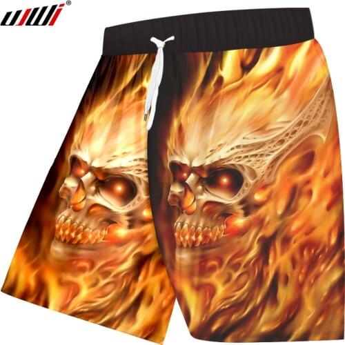 UJWI Casual Shorts Men Bodybuilding Loose Shorts Printed Flame Skull Beachshorts Summer Punk Hip Hop Short Sweatpants Plus Size