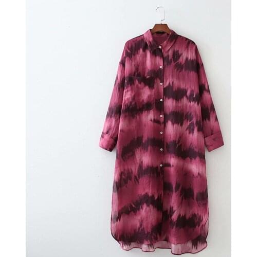 ZA Tie Dye Women Dress 2021 Oversized Shirt Style Dress Fashion Printed Pocket Lady Long Party Vestido Elegant Causal Outfit
