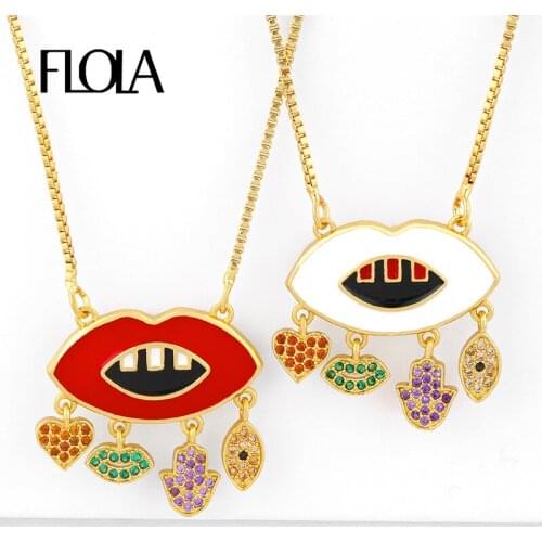 FLOLA Multicolor Fatima Hand Red Lip Necklaces For Women Heart Evil Eye Necklaces Charm Pave CZ Zircon Rainbow Jewelry nkeq67