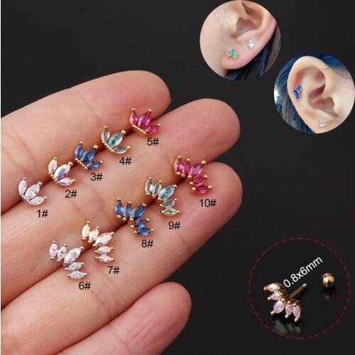 2Pcs Copper Zircon 20G Crown Helix Ear Studs Piercing Jewelry Flowers Zirconia Cartilage Cz Earring for Women