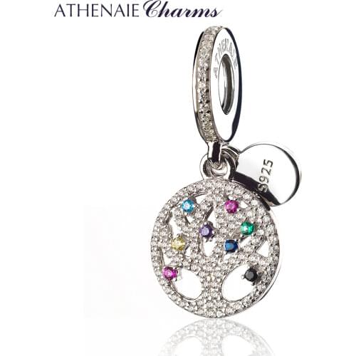 ATHENAIE 925 Sterling Silver Pave Multi-Colored CZ Family Tree Dangle Pendant Drops Beads Fit European Charms Bracelets Necklace