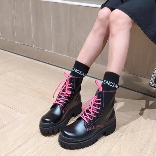 Ankle Boots women Short Boots Genuine Leather platform shoes Ladies Autumn fashion Casual Lace-up Round toe boots