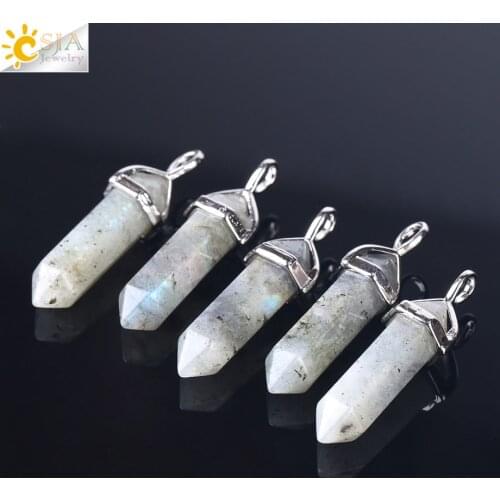 CSJA 1PC Labradorite Pendants Natural Crystal Stone Pendulum for Necklace Hexagonal Point Spectrolite Reiki Jewellery Gifts F395