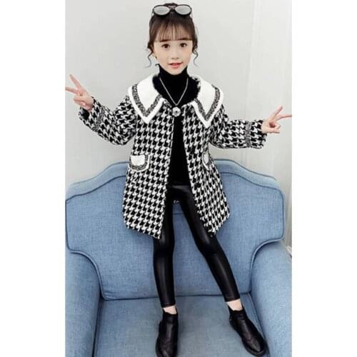 Fashion Auturn Winter Outerwear & Coats Children Full Sleeve Plaid Woollen Kids Girls Jackets Outwear For Age 3 4 6 8 10 12 14