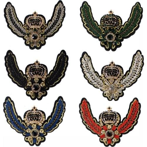 Indian Silk Crown Wing Badges Beaded Crystal Patches Men T-shirt Decorated Applique 2 pieces