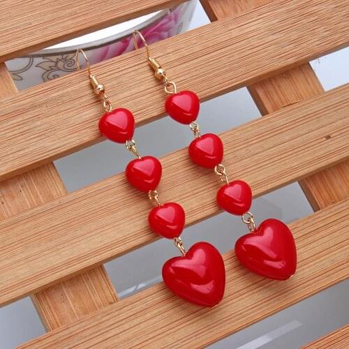 Korean Style Lovely Heart Pendant Long Tassel Earrings Red Peach Heart Drop Earrings Womens Jewelry Girls Best Gift Wholesale
